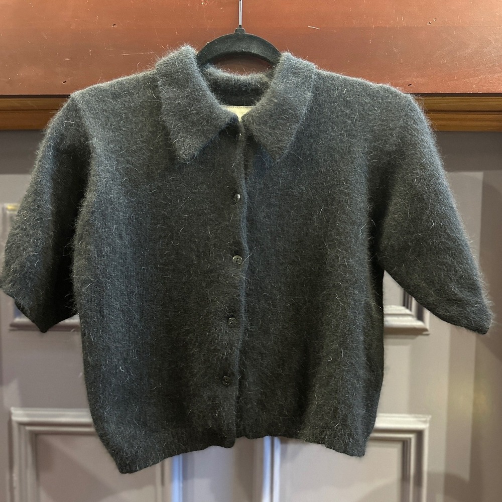 Paris Sport Club Vintage Angora Blend Short Sleeve Cardigan Sweater Black M